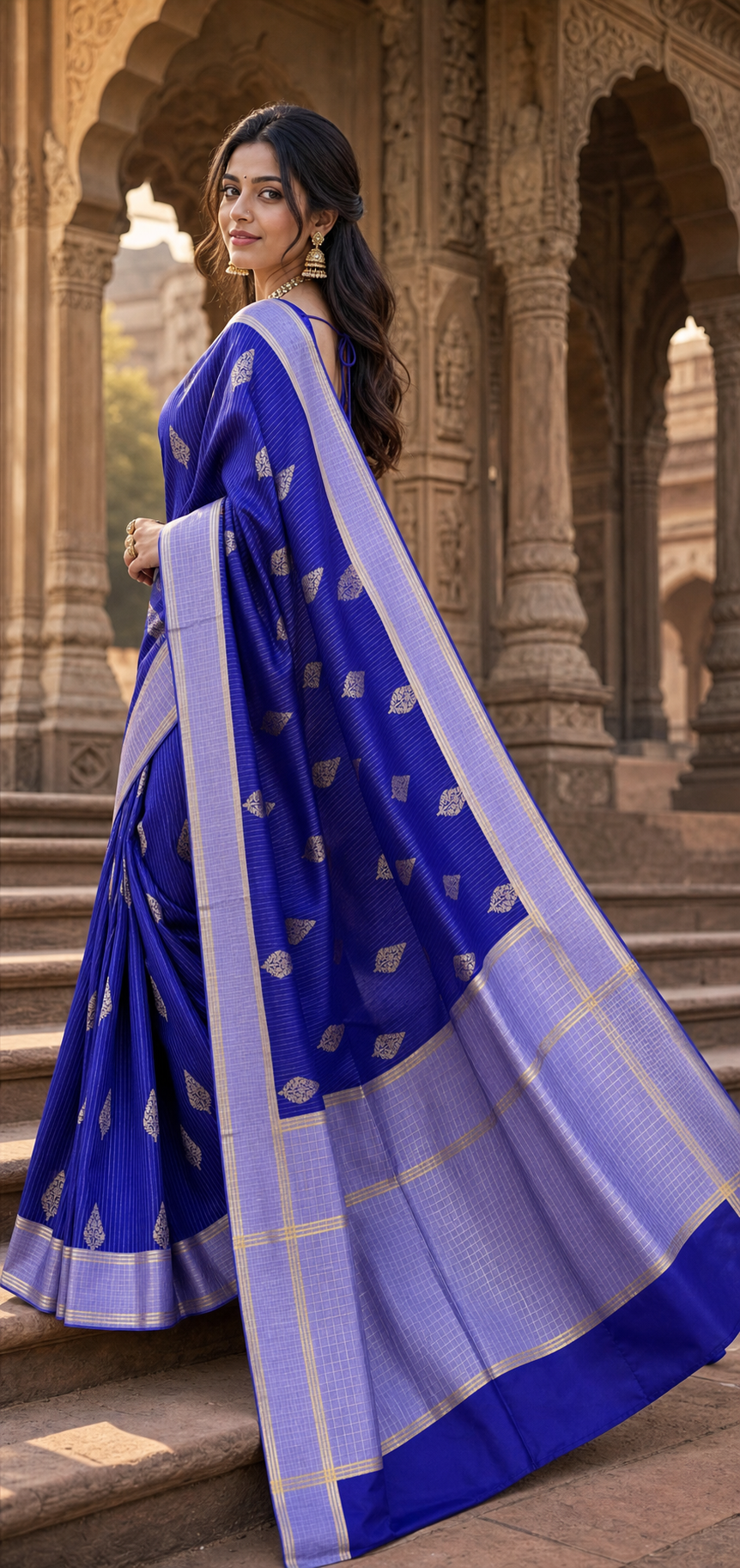 Royal Blue Cotton Saree with Silver Tree Butis