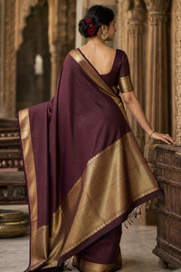 Deep Plum Cotton Silk Saree with Gold Zari Border