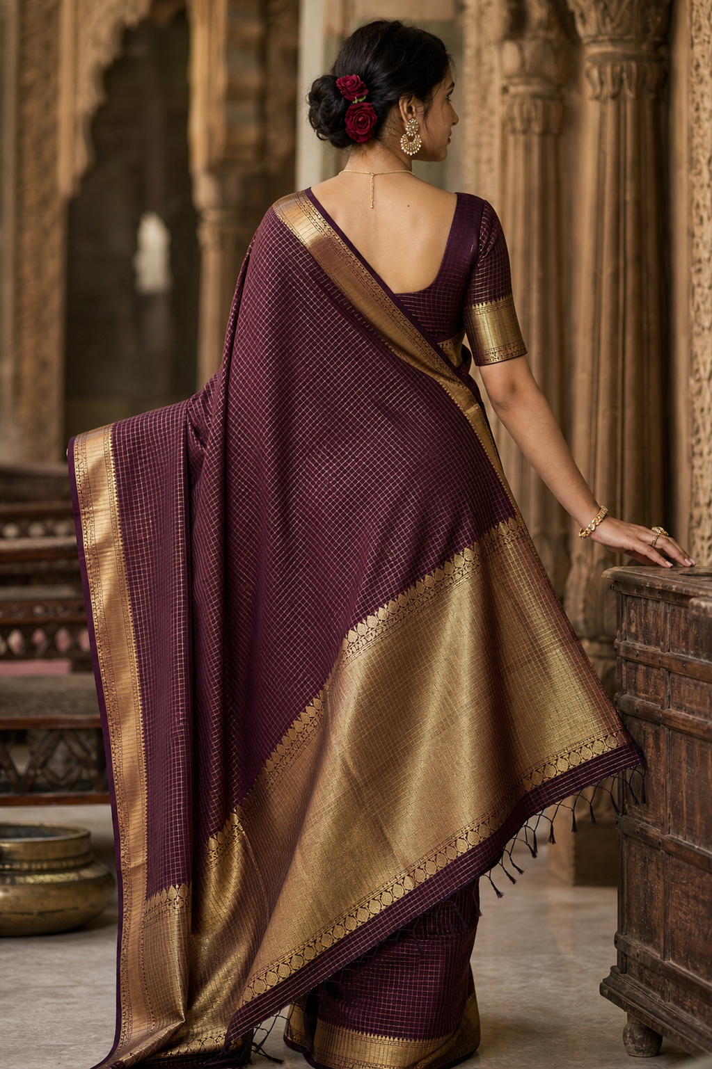 Deep Plum Cotton Silk Saree with Gold Zari Border