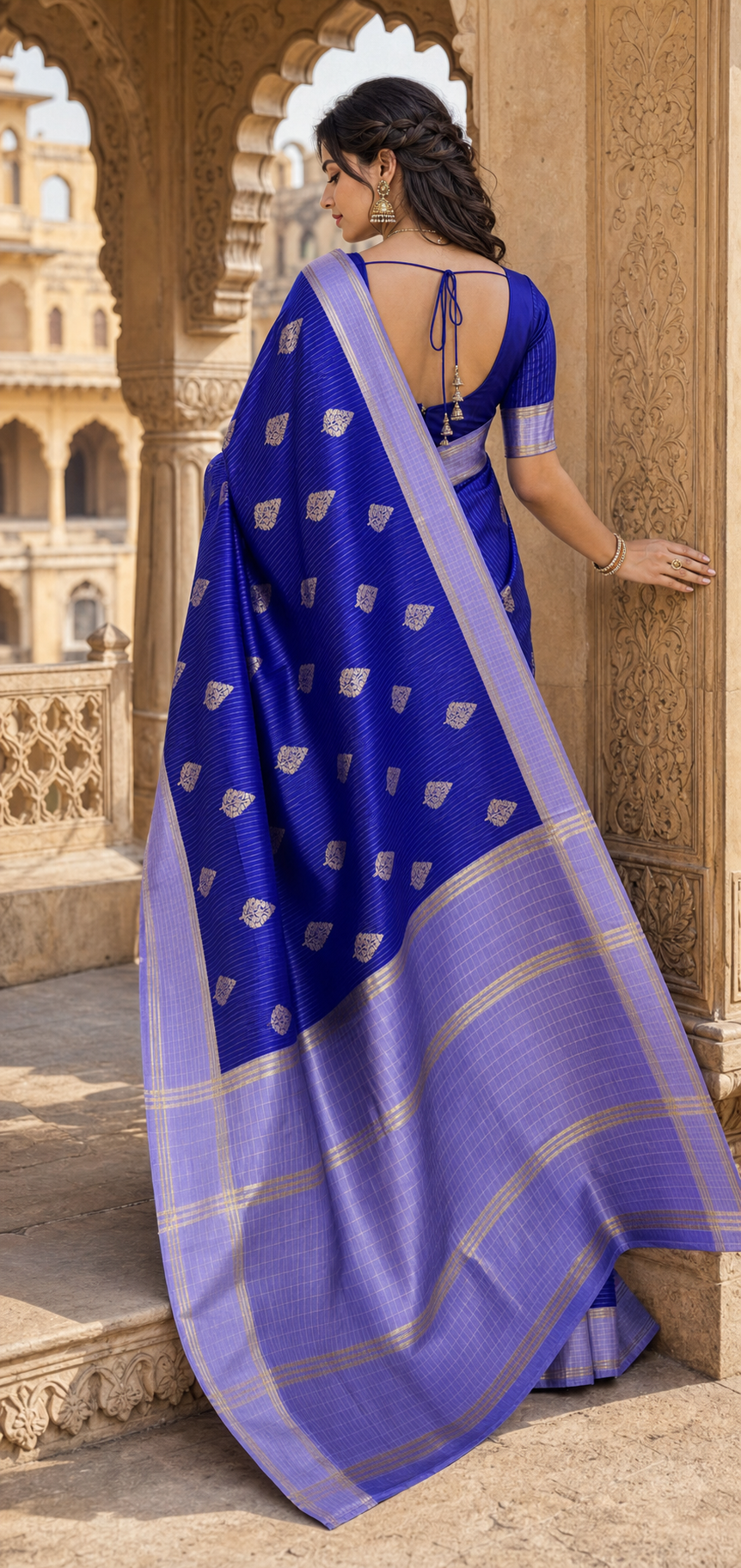 Royal Blue Cotton Saree with Silver Tree Butis