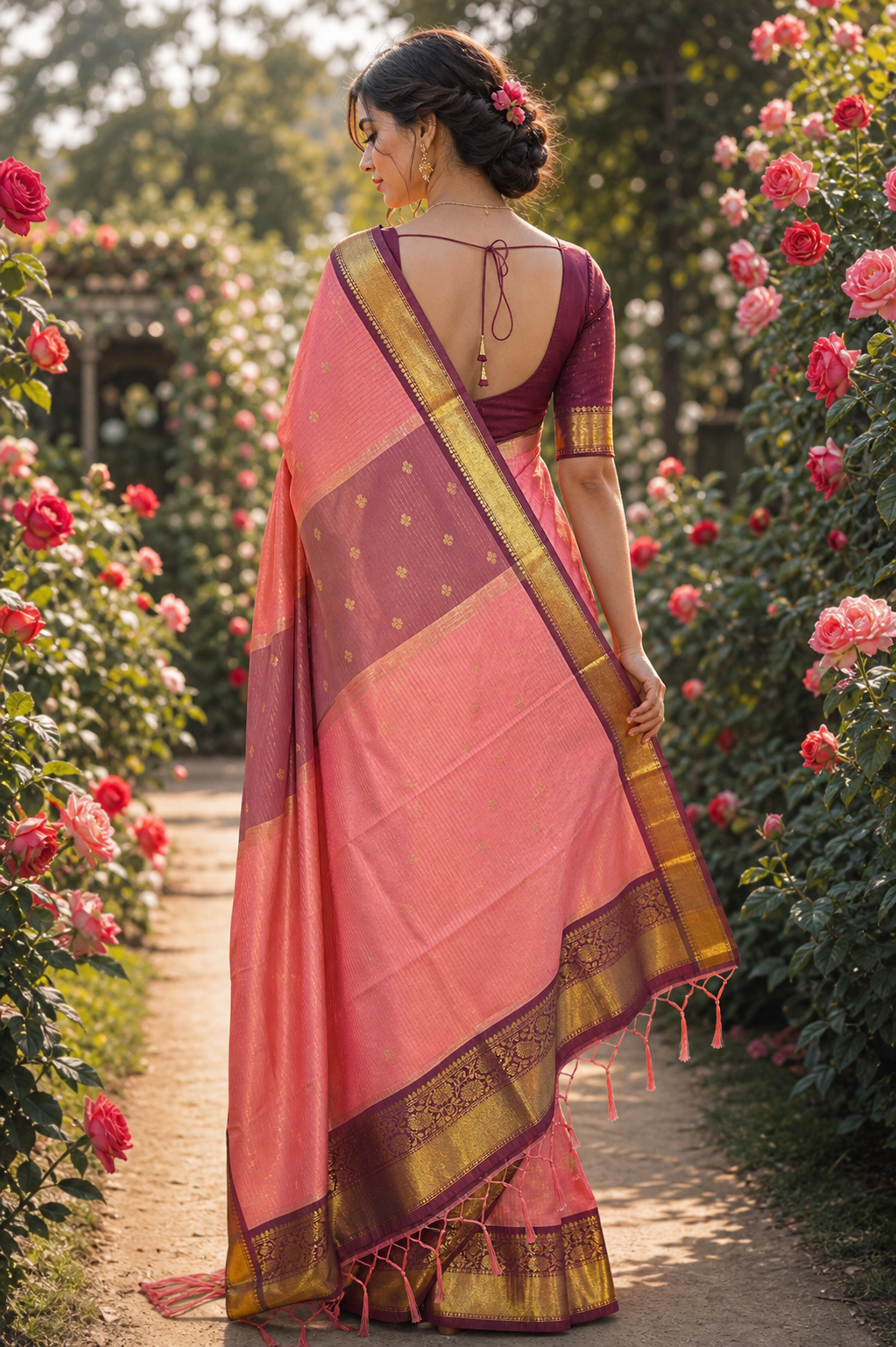 Coral Pink Banarasi Katan Silk Saree with Gold Zari