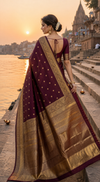 Wine Banarasi Semi Katan Silk Buti Saree