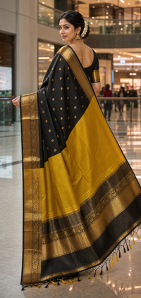 Black Banarasi Katan Silk Saree with Mustard Gold Pallu