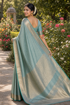 Powder Blue Tissue Silk Saree with Gold Herringbone Border