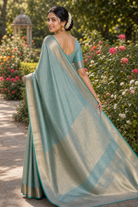 Powder Blue Tissue Silk Saree with Gold Herringbone Border