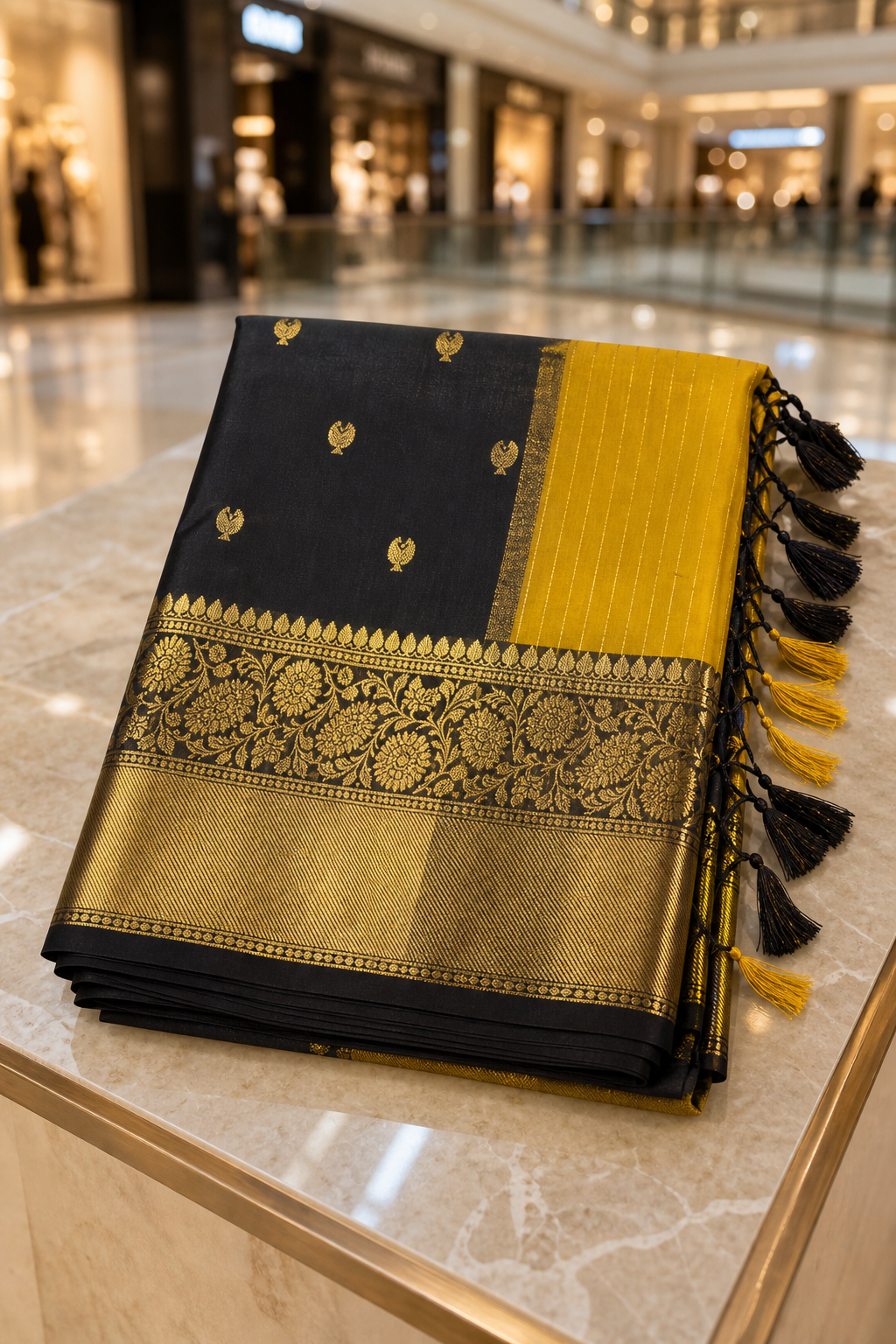 Black Banarasi Katan Silk Saree with Mustard Gold Pallu