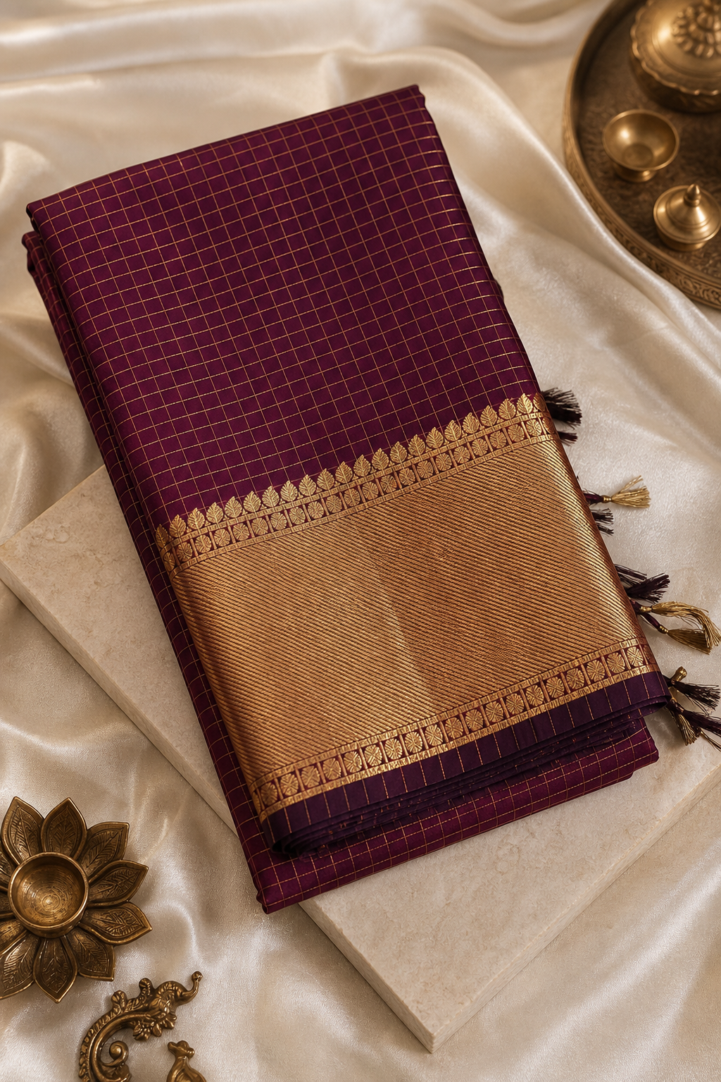 Deep Plum Cotton Silk Saree with Gold Zari Border