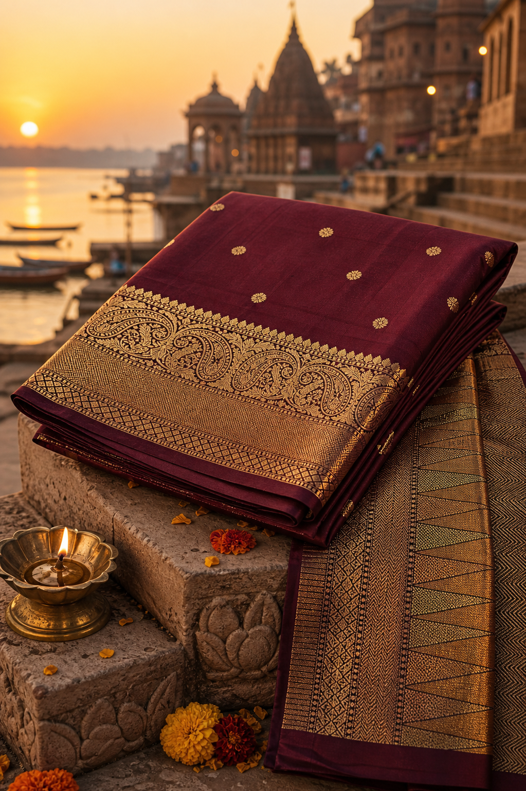 Wine Banarasi Semi Katan Silk Buti Saree