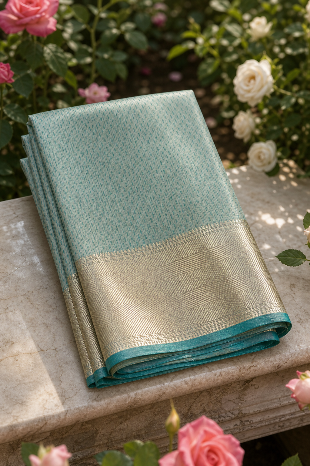 Powder Blue Tissue Silk Saree with Gold Herringbone Border