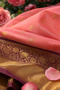 Coral Pink Banarasi Katan Silk Saree with Gold Zari