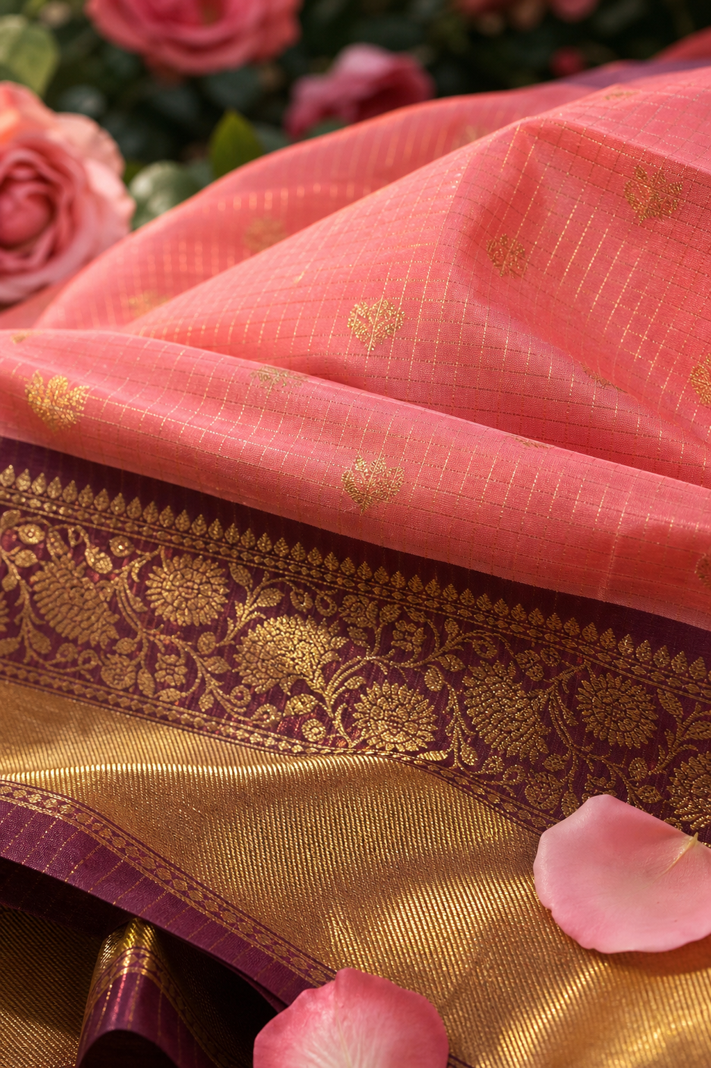 Coral Pink Banarasi Katan Silk Saree with Gold Zari