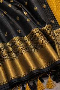 Black Banarasi Katan Silk Saree with Mustard Gold Pallu