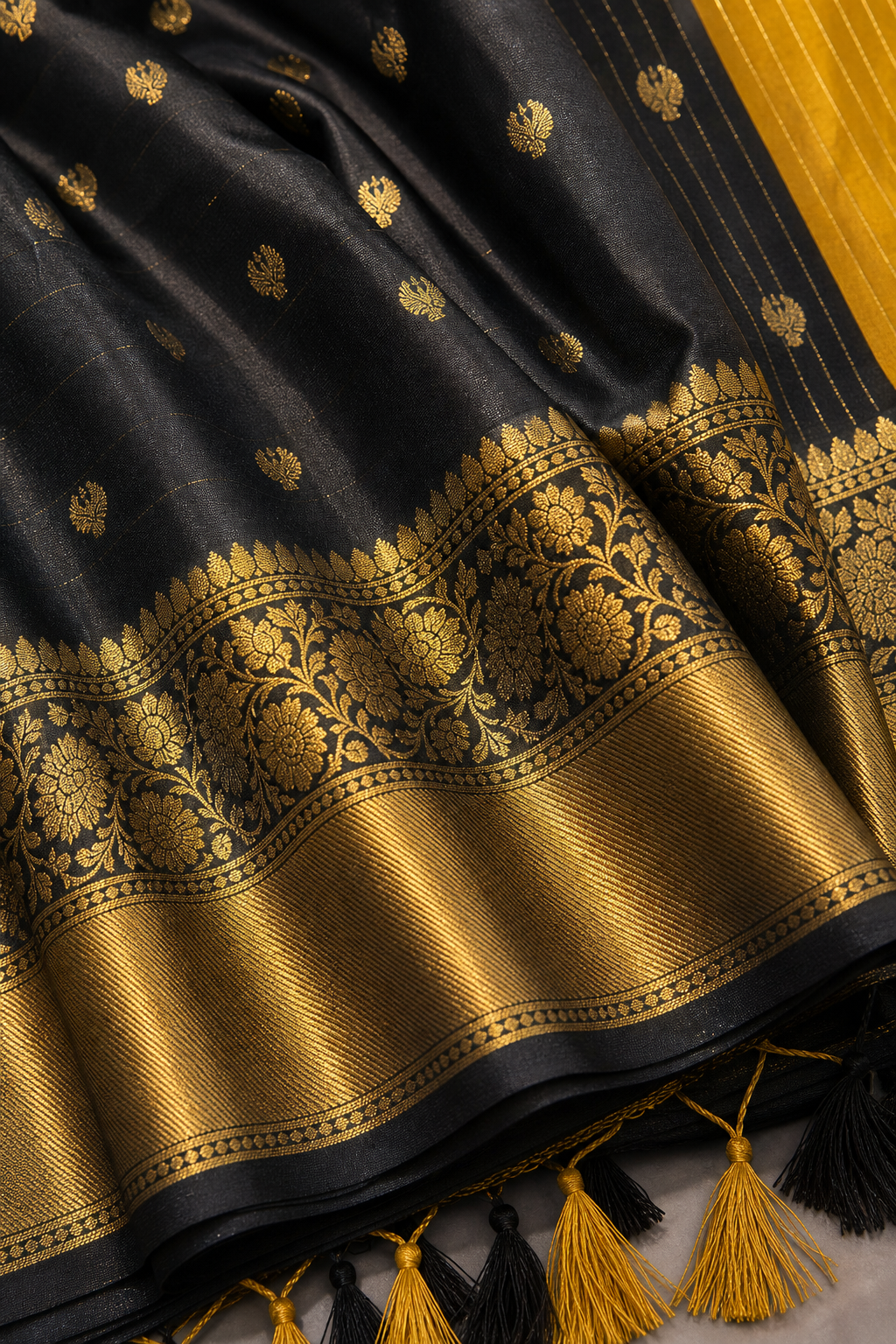 Black Banarasi Katan Silk Saree with Mustard Gold Pallu