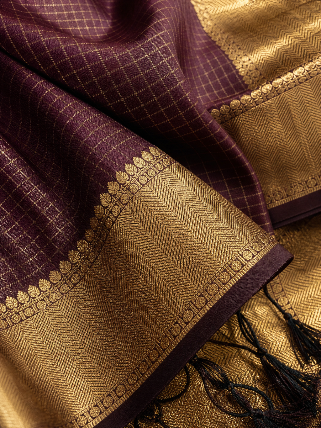 Deep Plum Cotton Silk Saree with Gold Zari Border