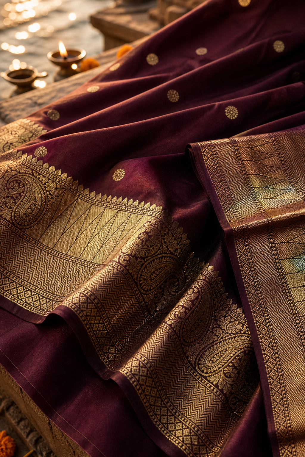 Wine Banarasi Semi Katan Silk Buti Saree