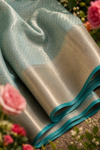 Powder Blue Tissue Silk Saree with Gold Herringbone Border