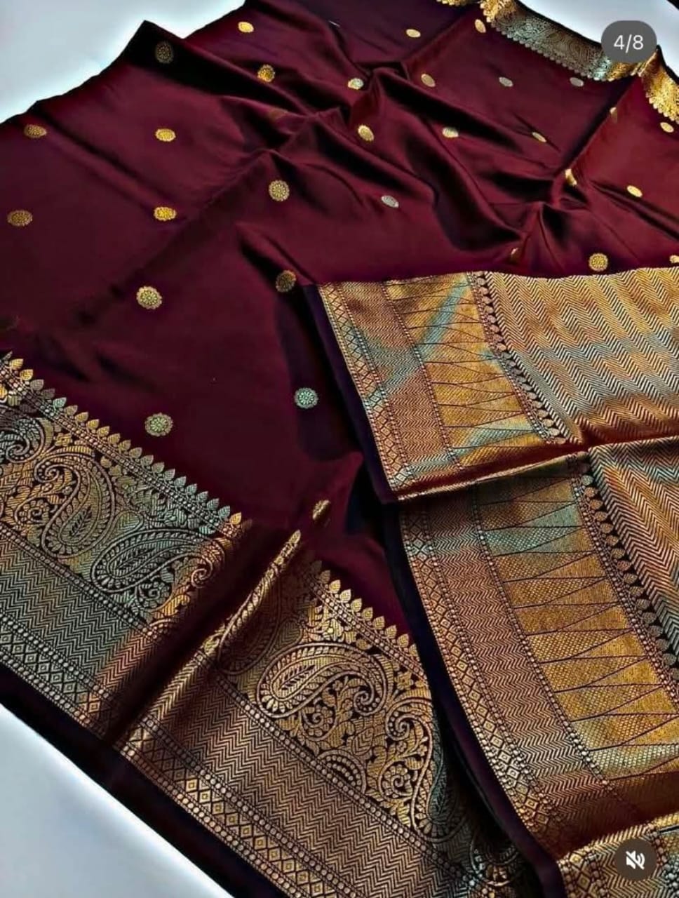 Wine Banarasi Semi Katan Silk Buti Saree