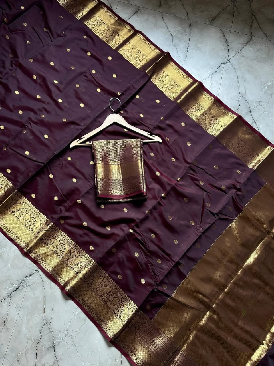 Wine Banarasi Semi Katan Silk Buti Saree