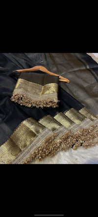 Black Tissue Silk Saree with Gold Lace Fringe Border