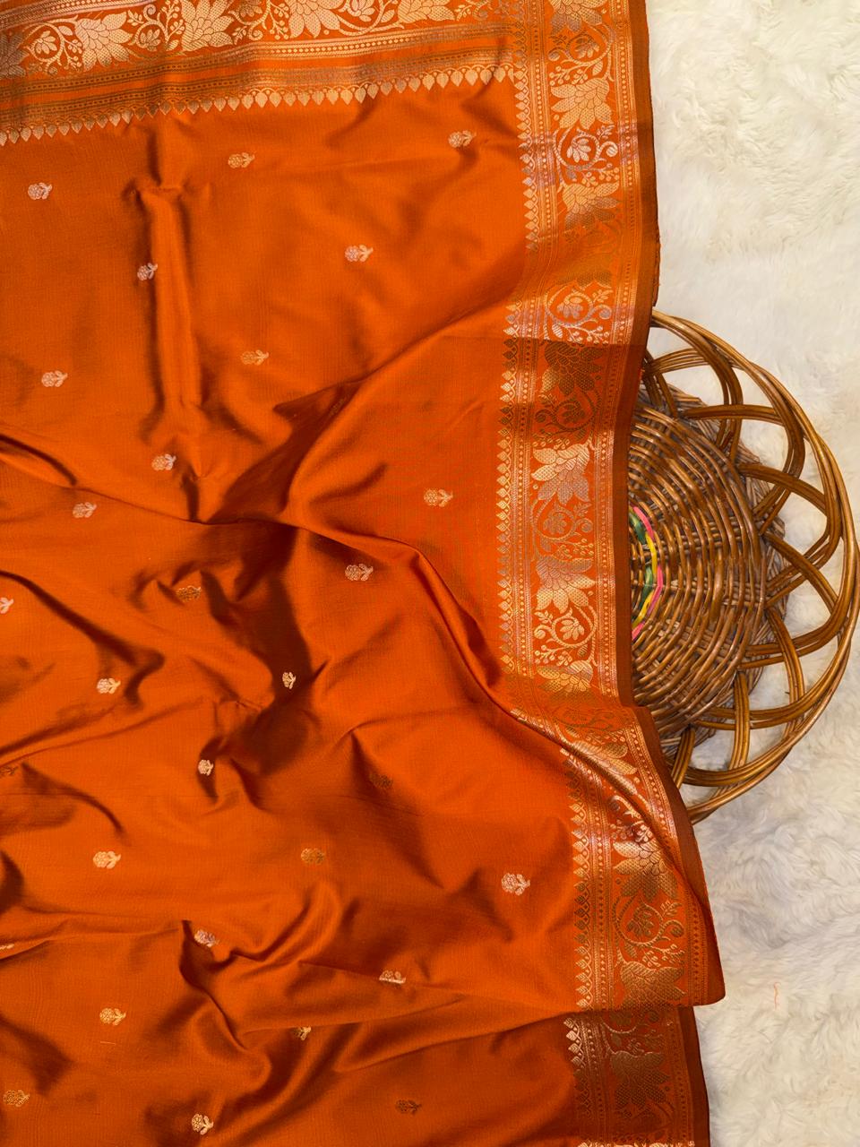 Burnt Orange Katan Silk Softy Saree with Gold Border