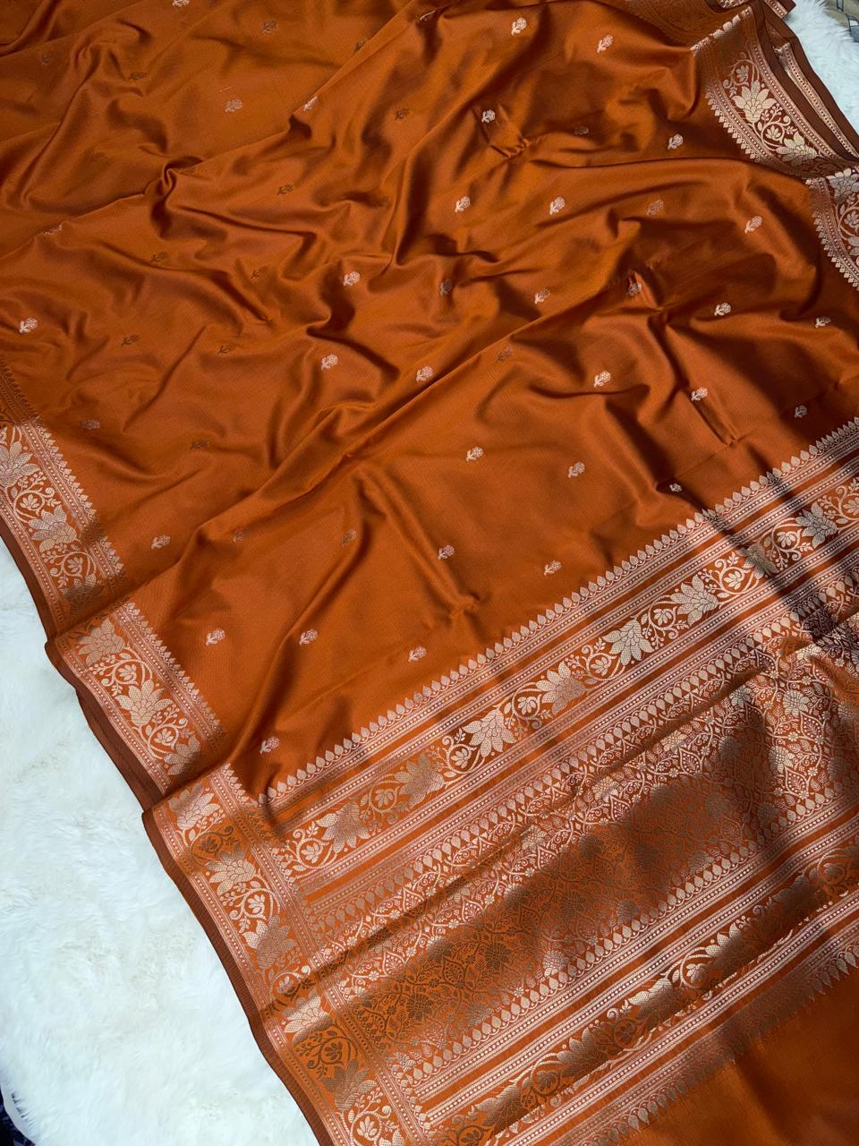Burnt Orange Katan Silk Softy Saree with Gold Border