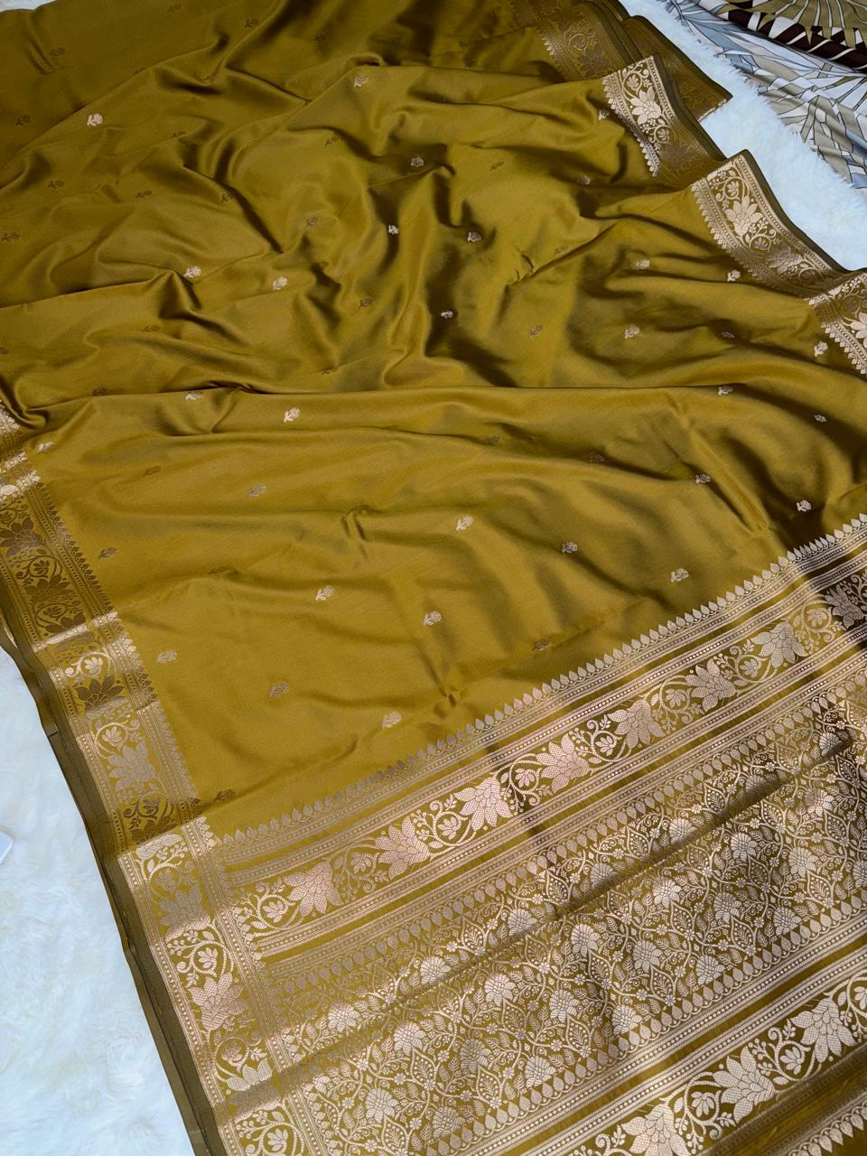 Olive Katan Silk Softy Saree with Gold Zari Border