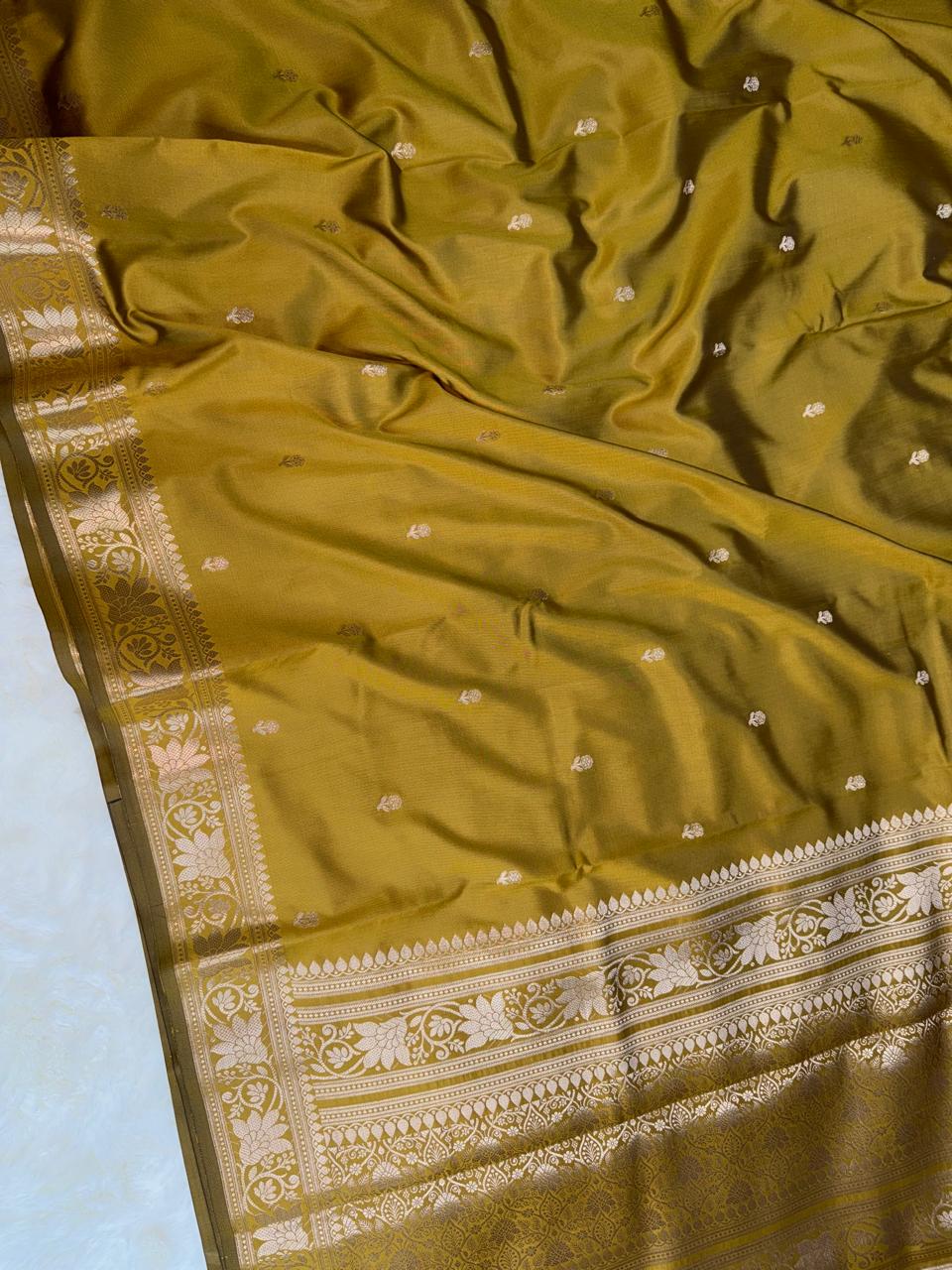 Olive Katan Silk Softy Saree with Gold Zari Border