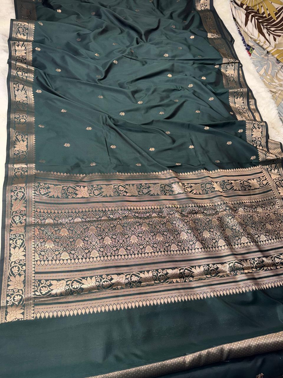 Teal Katan Silk Softy Saree with Gold Zari Border
