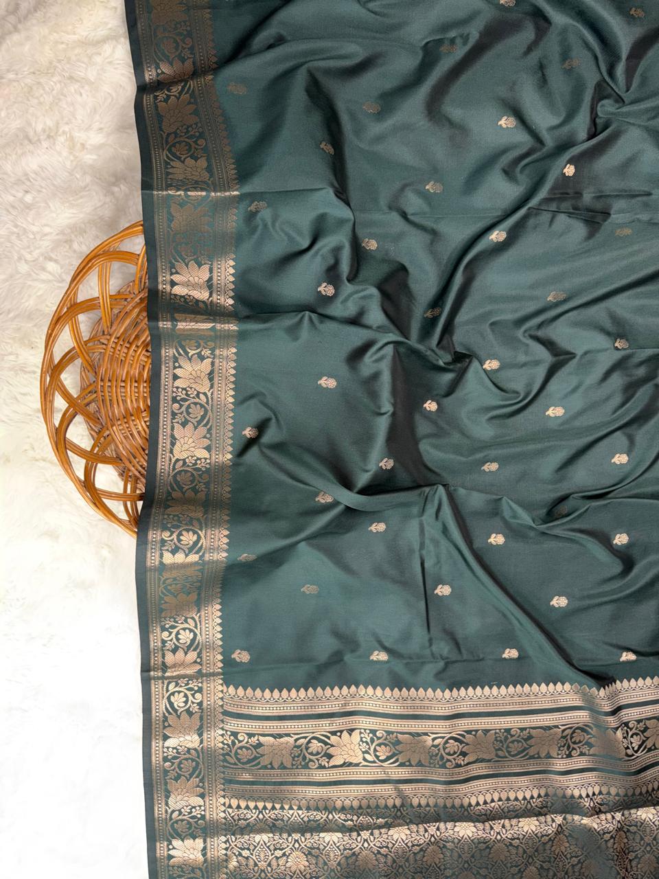 Teal Katan Silk Softy Saree with Gold Zari Border