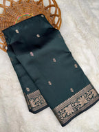 Teal Katan Silk Softy Saree with Gold Zari Border