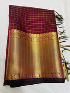 Maroon Cotton Check Saree with Gold Zari Border