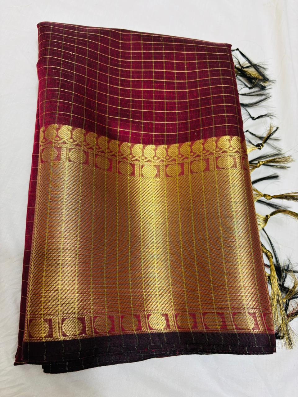 Maroon Cotton Check Saree with Gold Zari Border