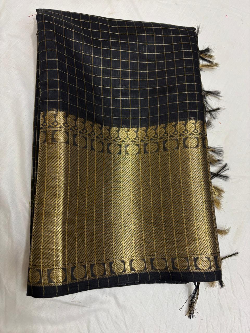 Black Cotton Check Saree with Gold Zari Border