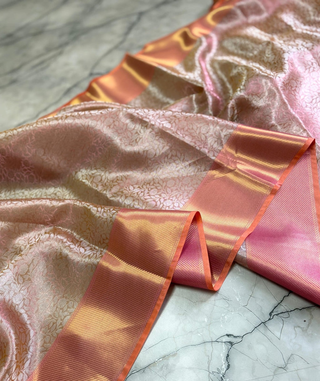 Peach Kanjivaram Silk Saree with Copper Zari Border