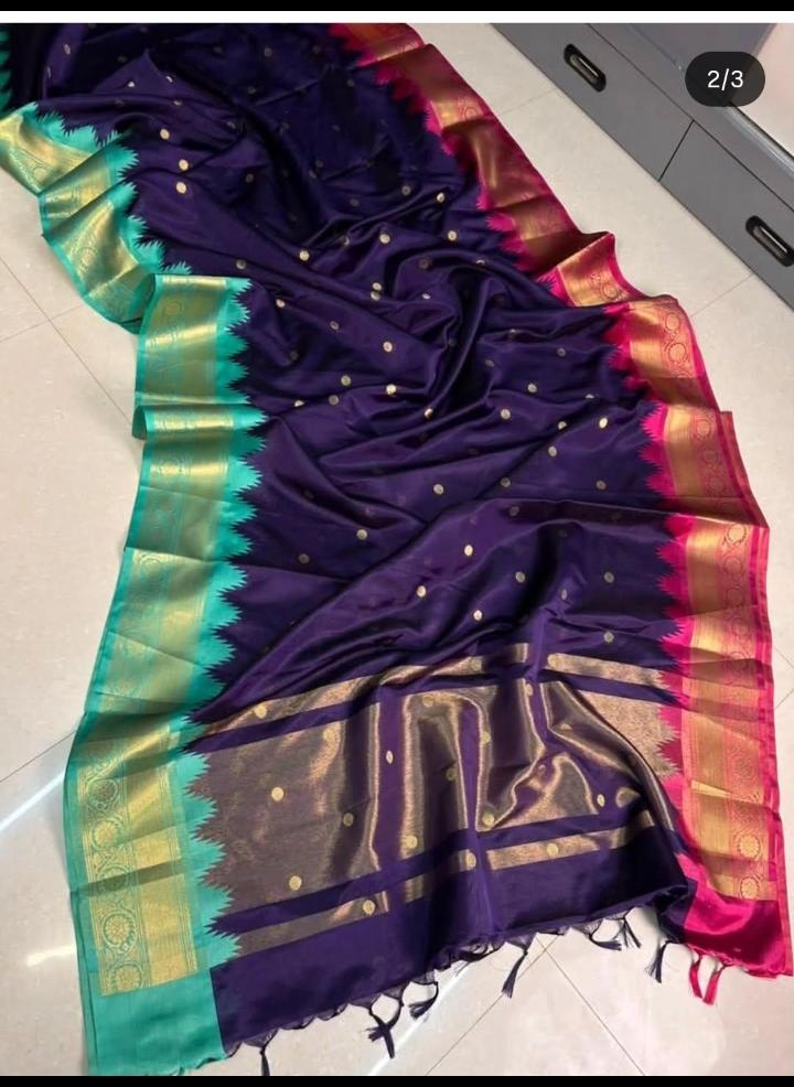 Royal Blue Katan Silk Saree with Gold Temple Border
