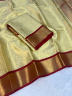 Lime Yellow Banarasi Georgette Saree with Red Gold Border