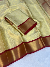 Lime Yellow Banarasi Georgette Saree with Red Gold Border