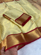 Lime Yellow Banarasi Georgette Saree with Red Gold Border