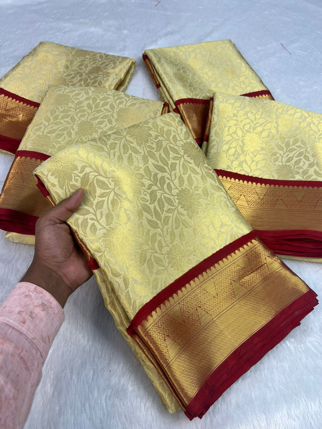 Lime Yellow Banarasi Georgette Saree with Red Gold Border