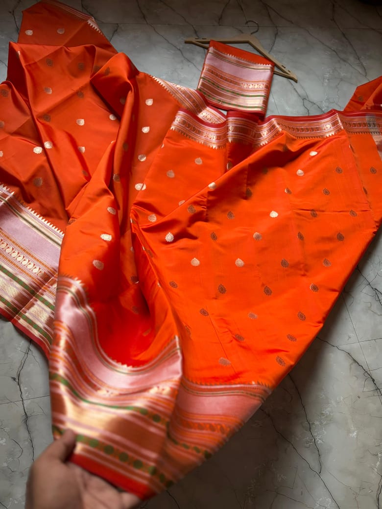 Orange Red Cotton Saree with Pink Gold Zari Border