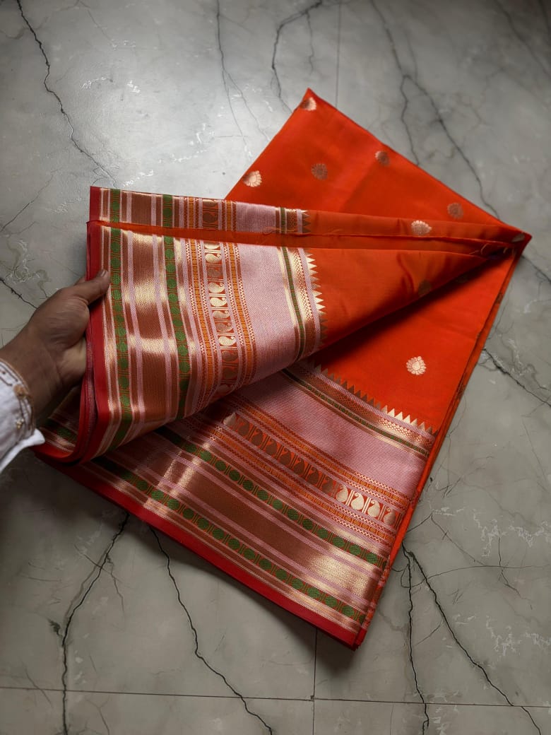 Orange Red Cotton Saree with Pink Gold Zari Border