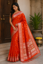 Orange Red Cotton Saree with Pink Gold Zari Border