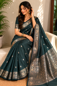 Teal Katan Silk Softy Saree with Gold Zari Border