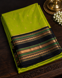 Lime Green Katan Silk Saree with Black Gold Zari Border