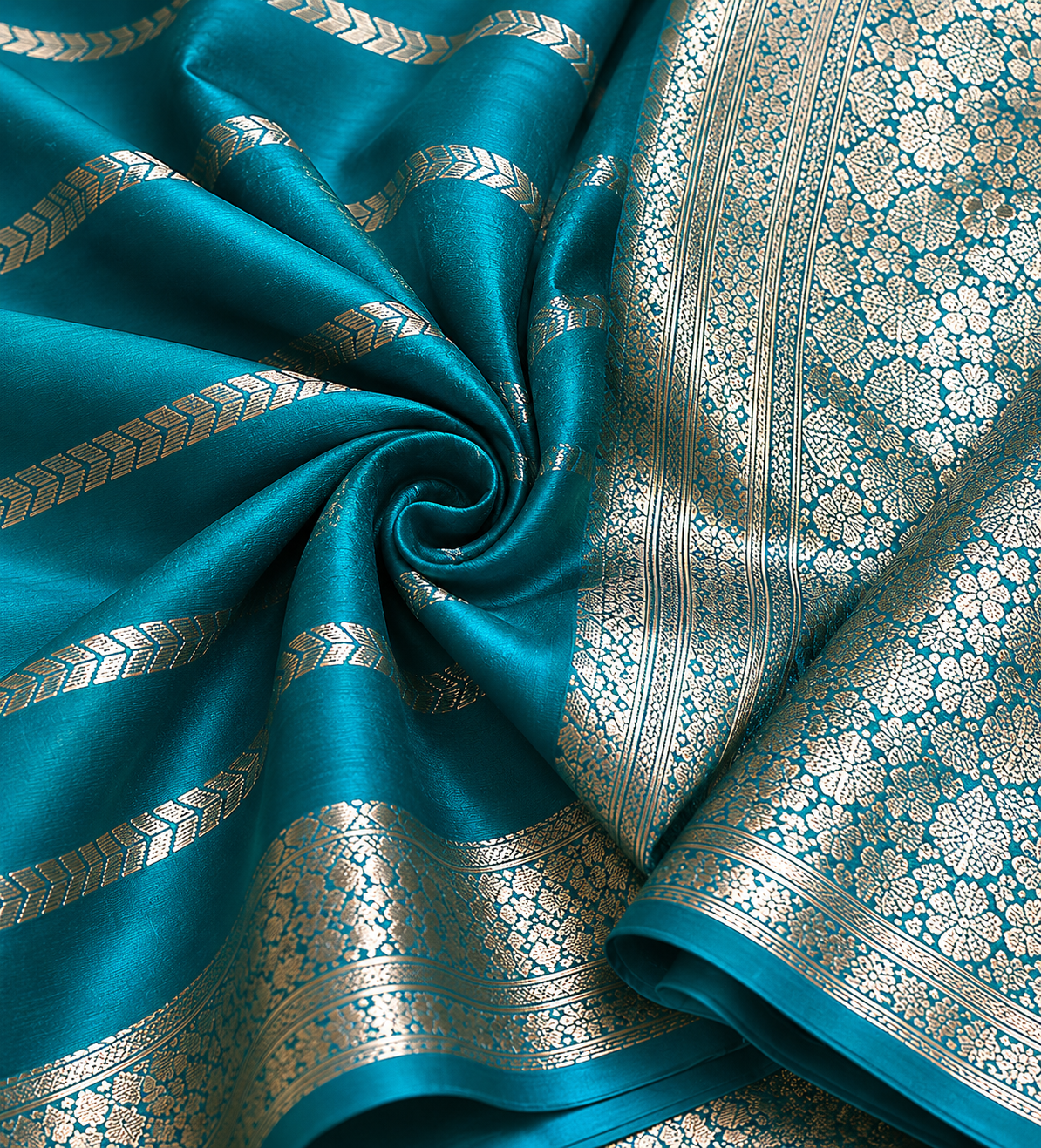 Teal Banarasi Georgette Saree with Silver Jaal Zari Border