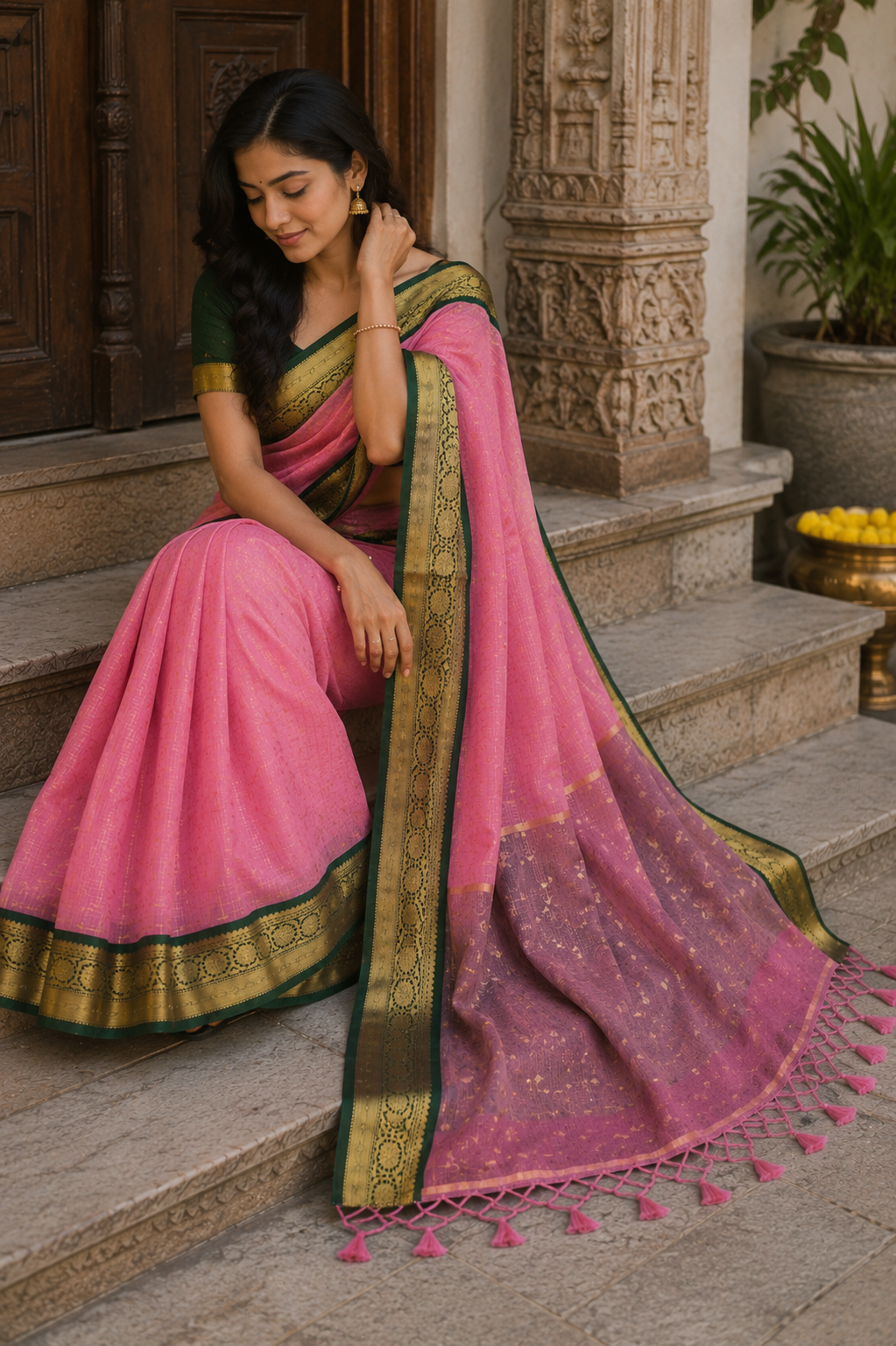 Pink Banarasi Katan Silk Saree with Green Gold Border