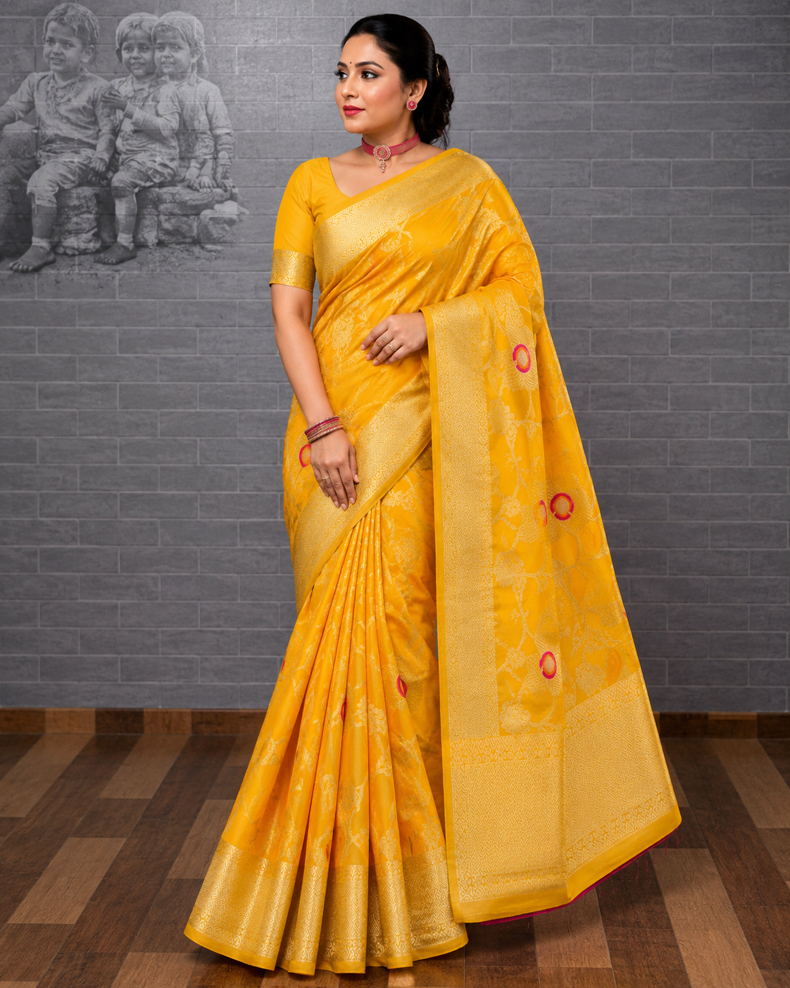 Mango Yellow Banarasi Georgette Saree with Meenakari Butis