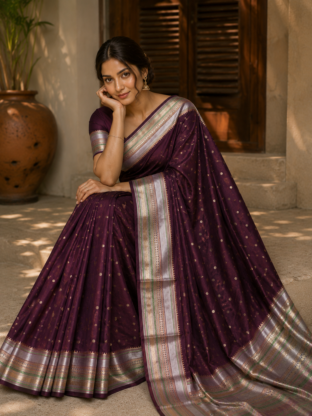 Deep Wine Katan Silk Saree with Golden Pallu
