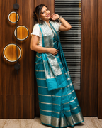 Teal Banarasi Georgette Saree with Silver Jaal Zari Border