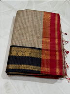 Ivory Tissue Silk Saree with Navy Blue & Red Zari Border